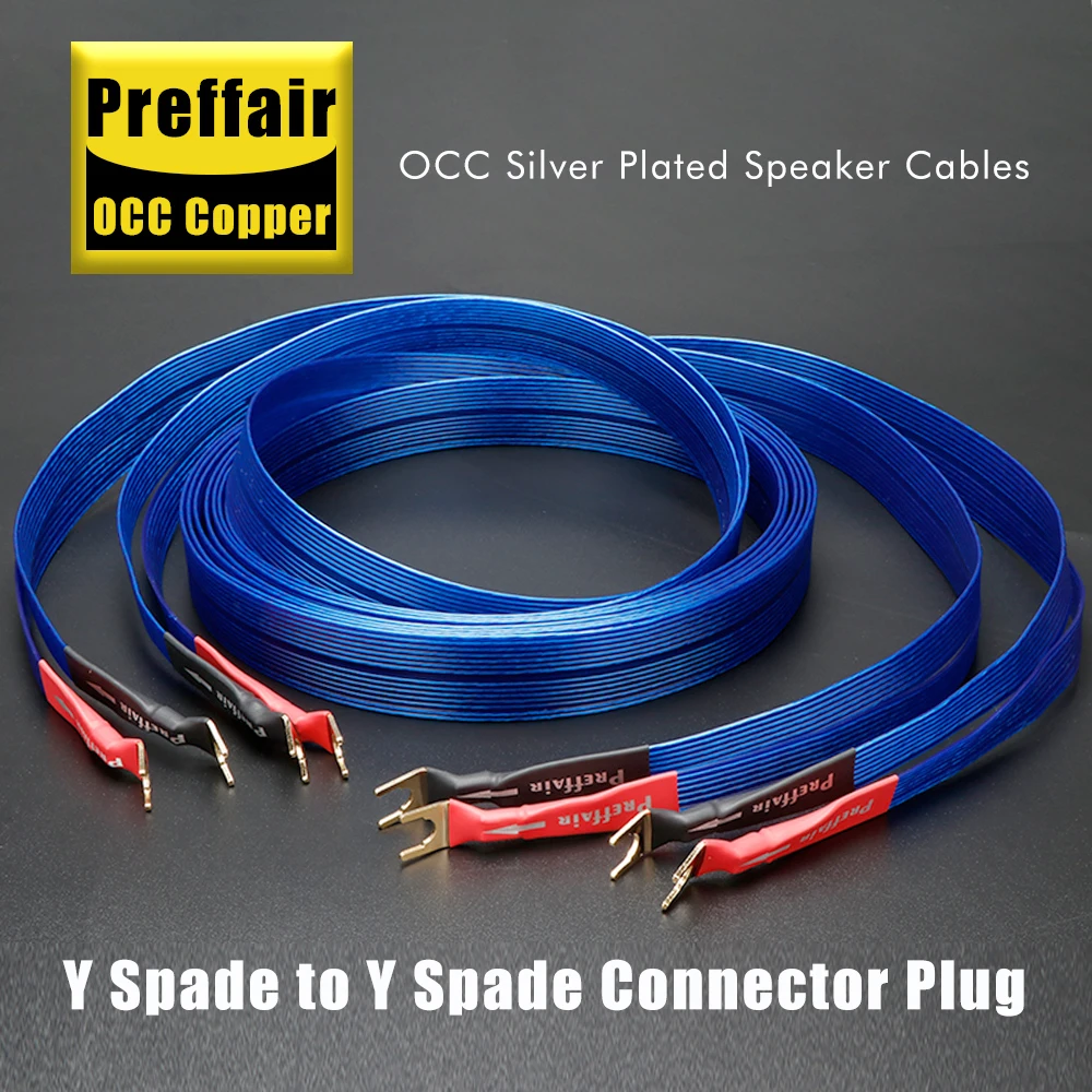 オーディオマニア向けブルースピーカーケーブル バナナ/Yスパッドケーブル 銀メッキOCCスピーカーフラットワイヤー アンプ、DVD、CD用