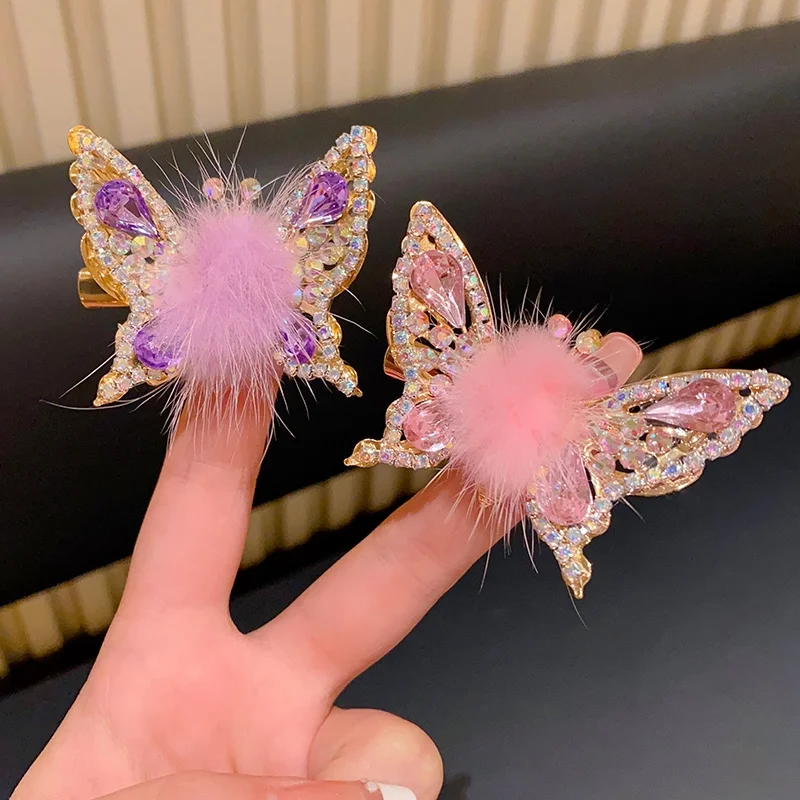 Fashion Smart Moving Butterfly Hairpin 3D Hair Clip Plush Ball Rhinestone Sparkling Headwear Hairgrip Cute Girl Hair Accessories