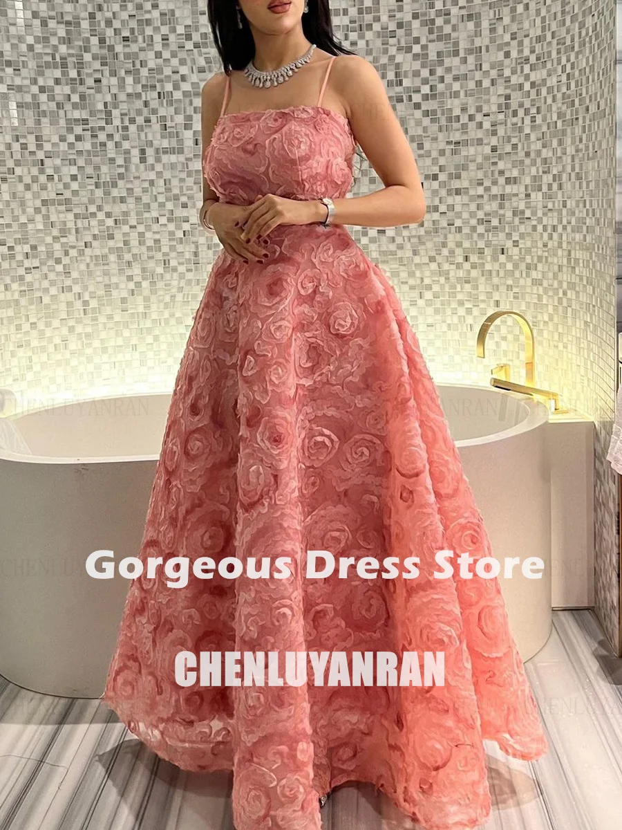 Roze 3D-bloem formele gelegenheidsjurken 2025, strapless tule, sexy feestjurk, vetersluiting, a-lijn, lange avondjurken, wwwة