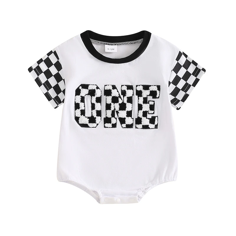 

Baby First Birthday Romper Short Sleeve Crew Neck Plaid Embroidery Letters Summer Bodysuit Clothes for Girls Boys