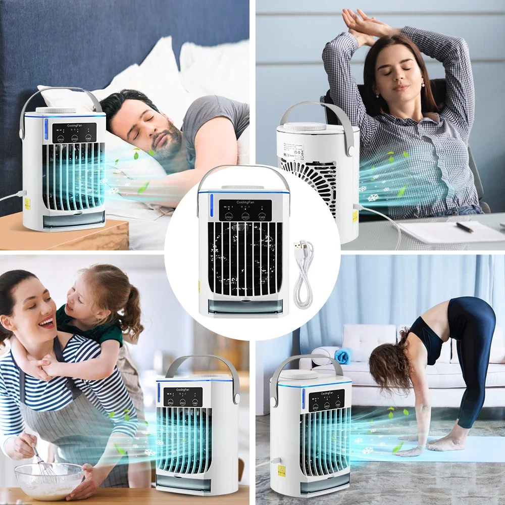 Mini Air Cooler Portable Desk Fan 3 Speeds 500ml Water Tank Type-C Quiet Cooling Humidifier with LED Light for Home Office view 6