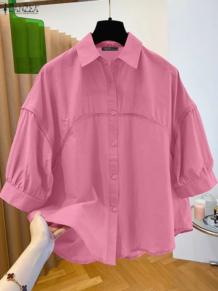Mulheres elegantes 3/4 lanterna manga blusa zanzea verão camisas elegantes casuais botões sólidos blusas soltas mujer escritório topos femme