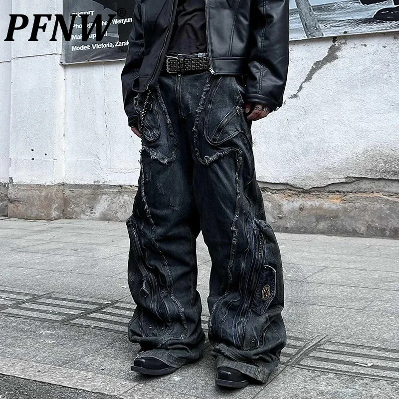 PFNW Niche Design Shaped Deconstructed Stained Straight Jeans Men's High-end Autumn Casual Wide Leg Pants Denim Trousers 12C1592