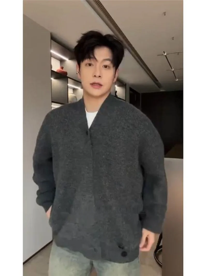 

Trendy Color Knitted Sweater Cardigan for Men Simple Design Autumn Winter Heavyweight Casual Outerwear Ci Outdoor Sle