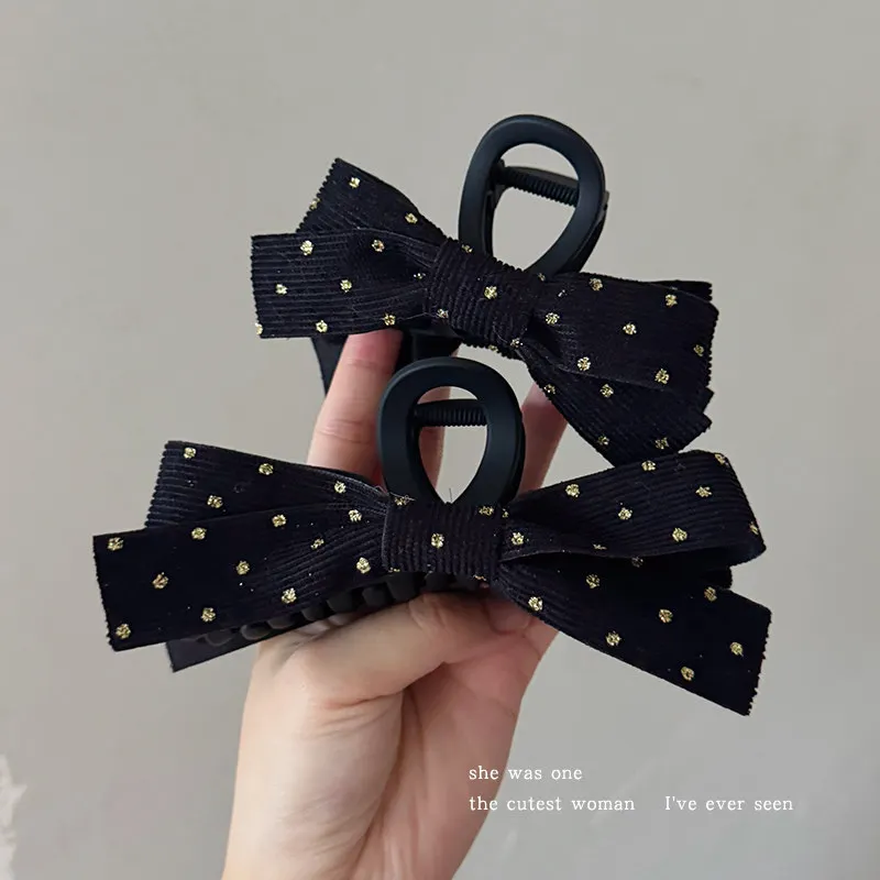 Polka dot black bow princess hair clip for everyday wear, high-end hair clip with a large shark hair clip