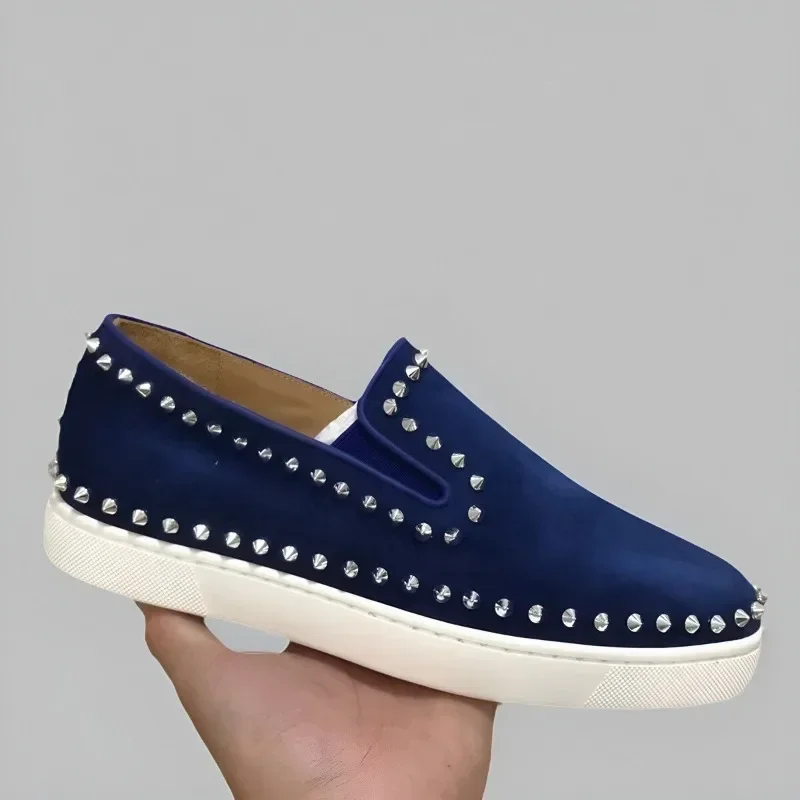 Low Top Red Bottom Shoes For Men Trainers Driving Spiked Blue Suede Genuine Leather Circle Silver Rivets Flats Sneaker Luxury