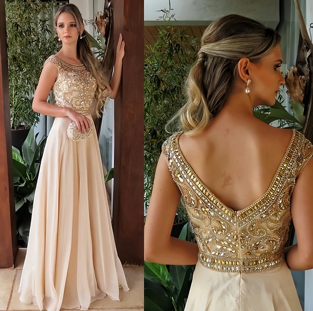 

Light Luxury Evening Dresses Backless Pearl A-Line Round Collar Shiny Beading Wedding Banquet Bridesmaid Prom Gowns New