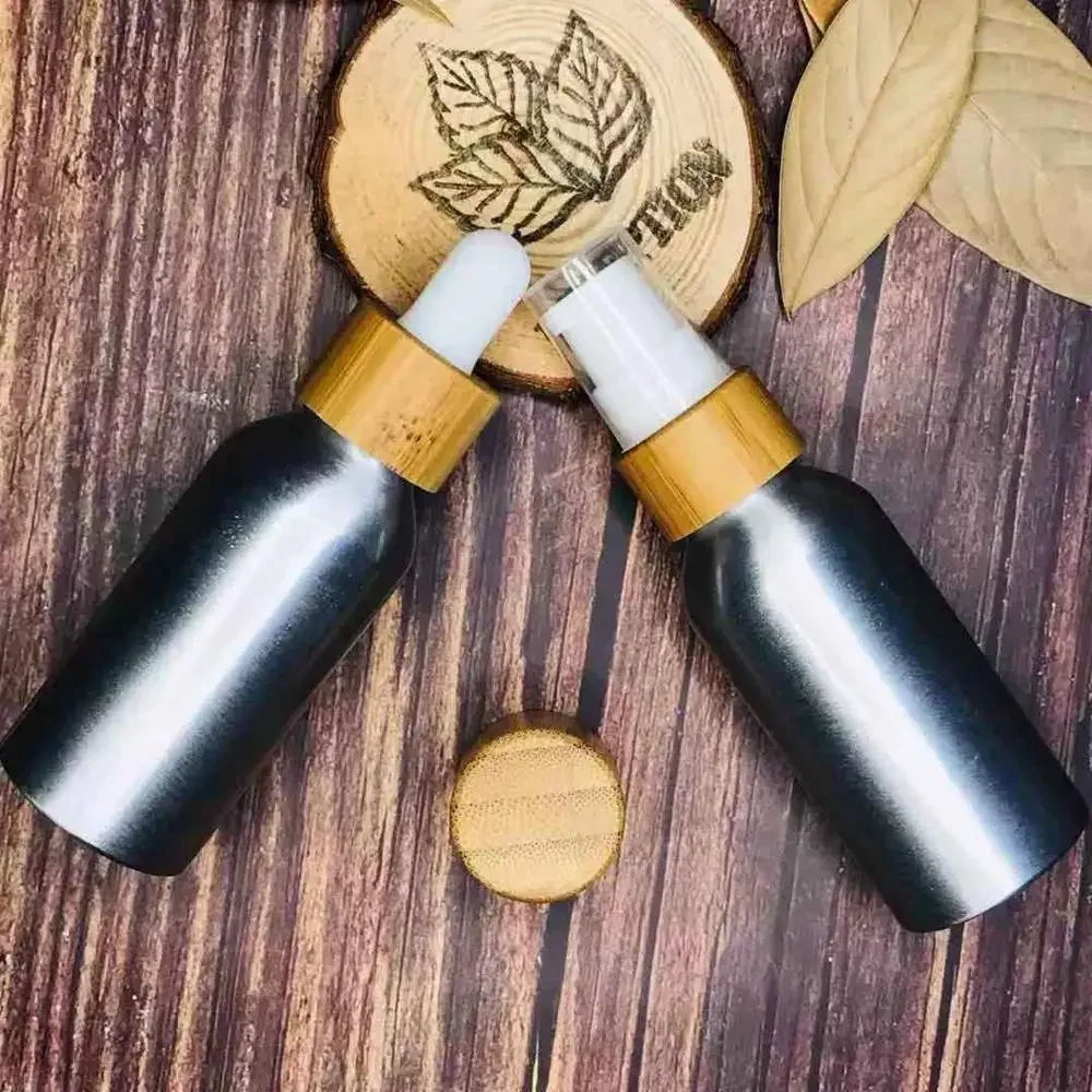 Empty Refillable Aluminum Perfume bottle, cosmetics hand  bamboo lotion pump top , shampoo lotion pump Spray Bottle wooden caps