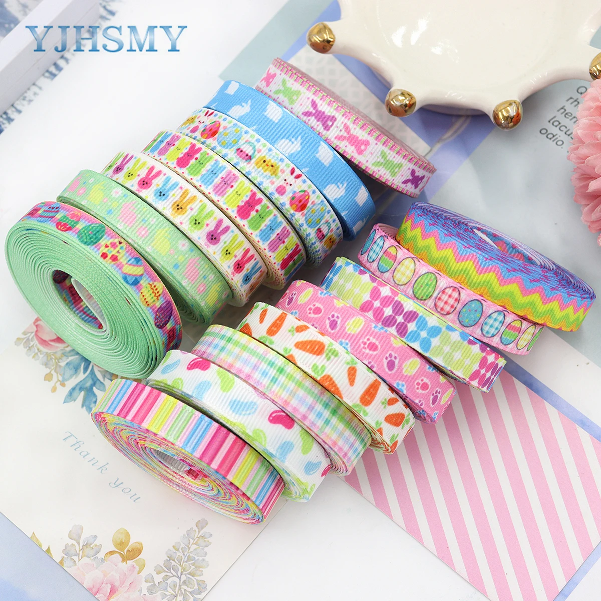 Easter Grosgrain Ribbons Colorful Stripe Plaid Ribbon Egg Bunny Carrot Flower Ribbons Gift Wrapping Ribbon for Spring Easter Dec