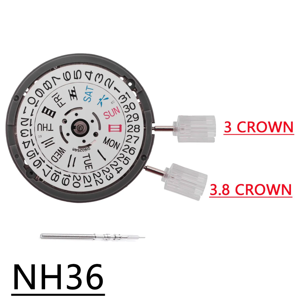 New NH36 NH36A 24 Jewels High Accuracy Mechanical Automatic Date Week Movement 3.0/3.8 O\'clock Crown