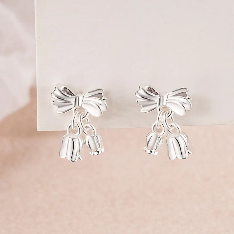 KOFSAC Orchid Bells Flower Earrings For Women Sweet Elegant Butterfly Knot Screws Earring 925 Sterling Silver Jewelry