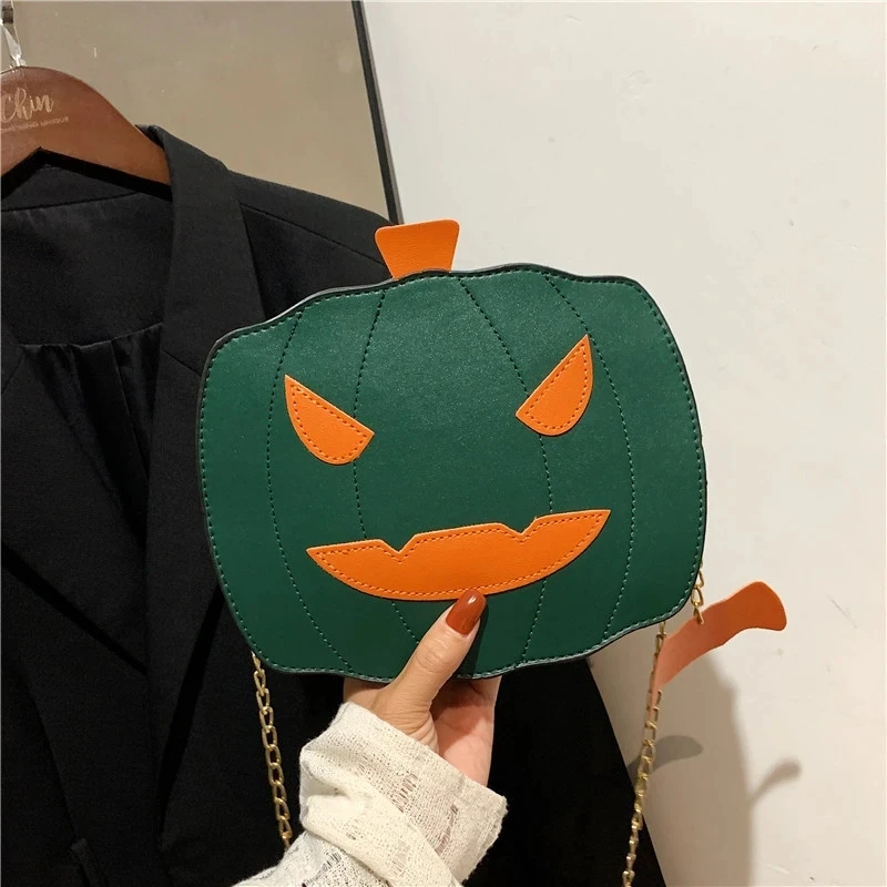 Bolsa de ombro em forma de abóbora para mulheres, bolsas engraçadas, corrente de metal Halloween, bolsa crossbody, trick or treat, meninas