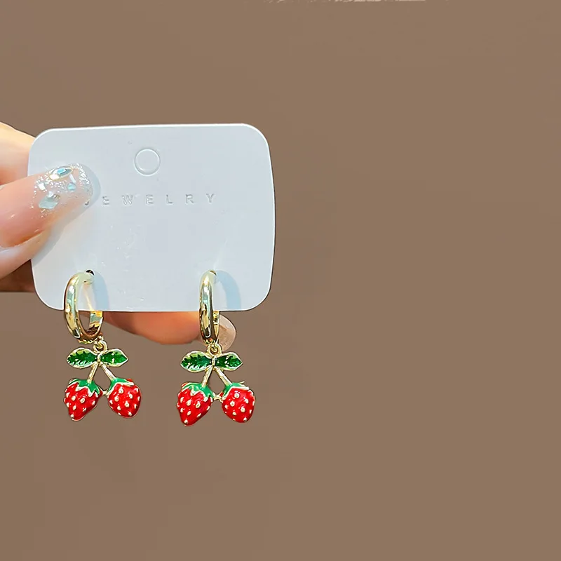 Delicate Red Strawberry Cherry Drop Earrings for Women 3D Simulated Fruit Pendant Hoop Earrings Girls Jewelry Ear Accessories