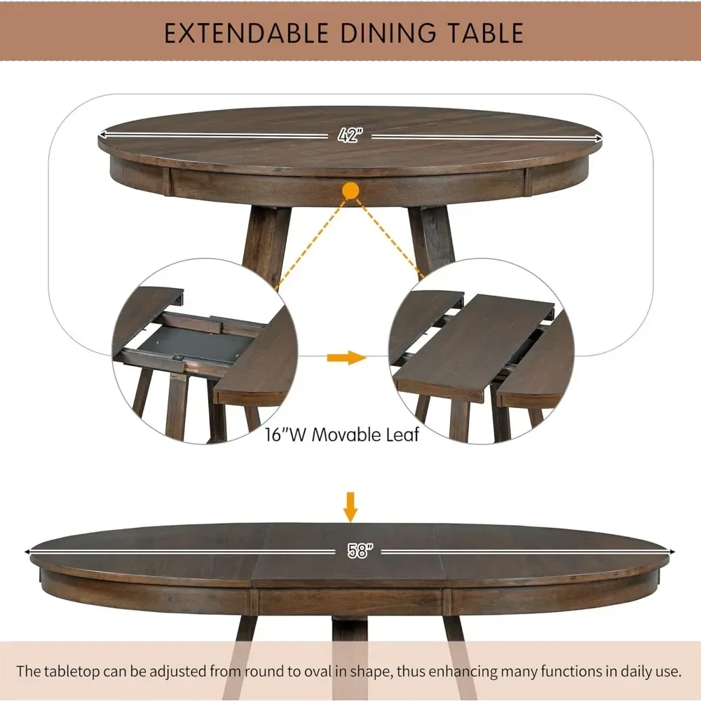 Wood Dining Furniture Set, 5 Piece Round Extendable Dinings Room Table Set with Upholstered Chairs, Dining Table and Chairs