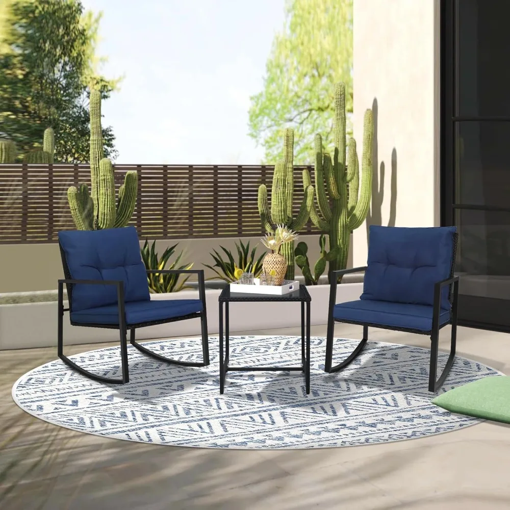 3 Piece Outdoor Rocking Bistro Set Black Wicker Furniture Porch Chairs Conversation Sets with Glass Coffee Table, Dark Blue