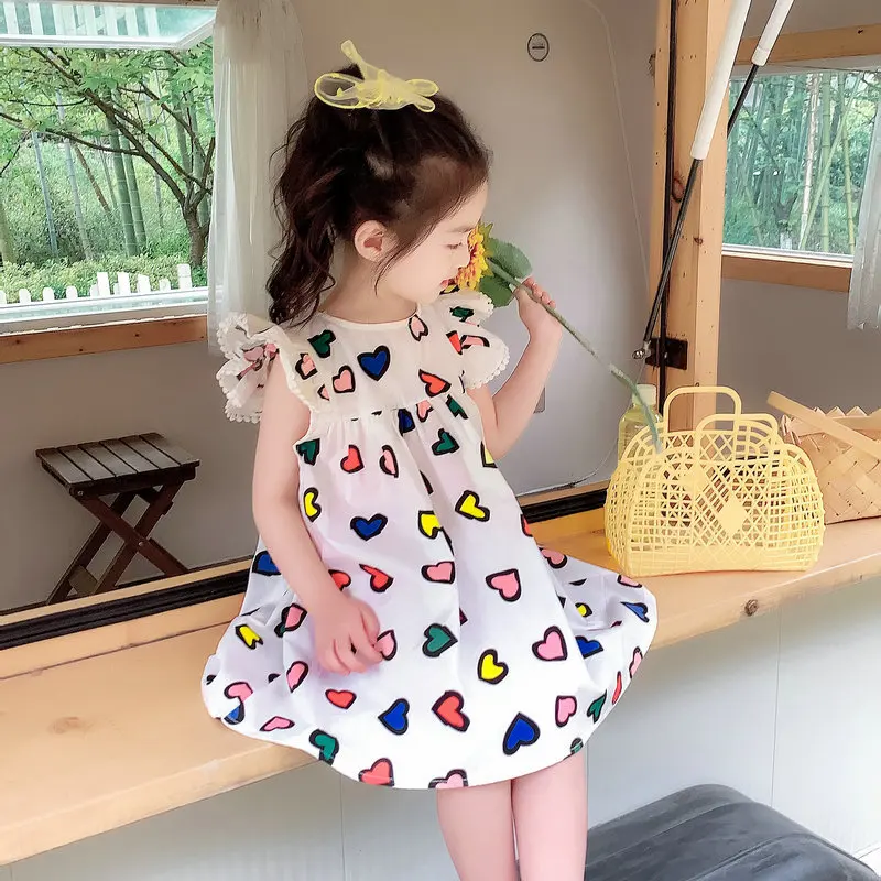 Girls' Dress with Flutter Sleeves Heart Pattern Princess Dress25Summer New Foreign Trade Children's Wear Delivery3-8Years Old