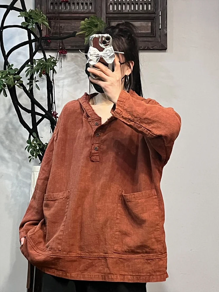 Amax LuluE Korean Spring Womens Hooded T-shirts Fashion Loose Casual Tops Ladies Classic Big Size Vintage Cotton Linen Clothes
