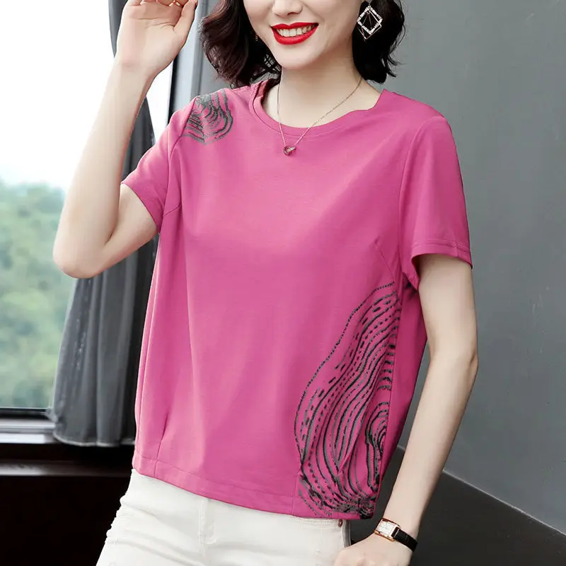 2023 Women Summer O Neck Short Sleeve Print Cotton Comfortable T-shirts Simple Casual Loose Pullover Basic Tops Female Clothing