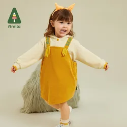 Amila ChildrenSkirt Set 2023 Autumn New Contrast Embroidery On Shoulder Straps  Fashion Warm For Girls Sleeves Baby Clothes