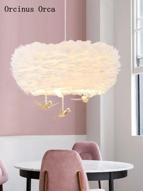 

Nordic Cartoon Crystal Bird Feather Chandelier Children's Room Bedroom Modern Simple Dream LED White Feather Chandelier