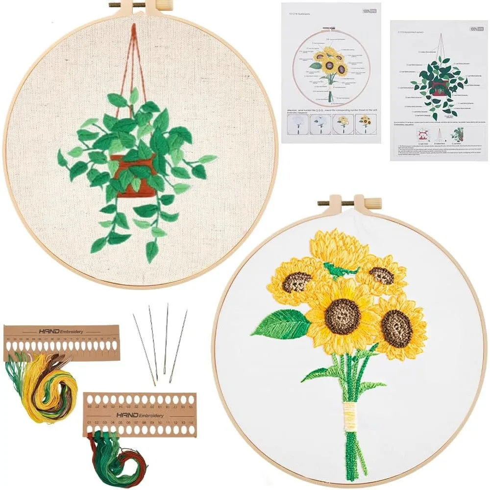 

2 Sets 2 Styles DIY Embroidery Kits Including Printed Fabric Embroidery Thread Needles Plastic Embroidery Hoop