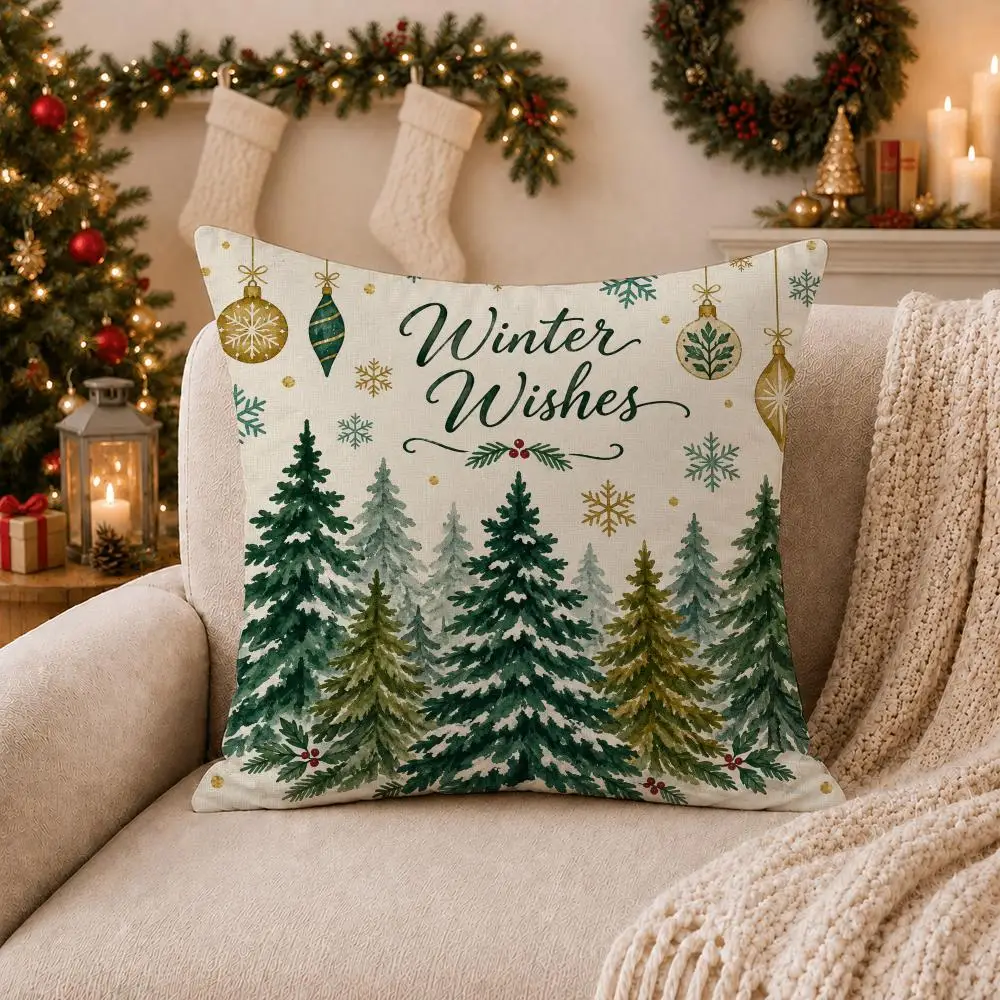 4PC Winter Pine Christmas Cushion Cover Plush Pillow Case Home Decor Sofa Double-Sided Print Living Room Festival Gift 2