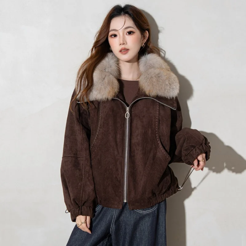 Women's Premium Short Goose Down Jacket Detachable Natural Fox Fur Collar Winter Warm Cropped Puffer Coat Fox Fur Pike Clothing