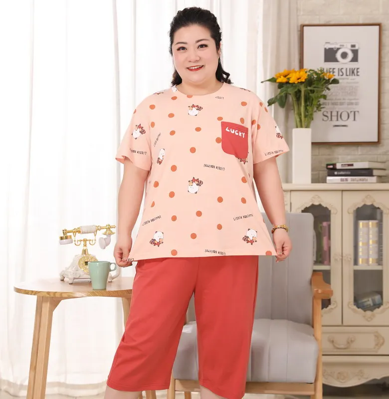 プラスサイズ-コットン-夏用寝間着-半袖-七点セット-レディース-ホームウェアセット-可愛い漫画プリント-快適フィット