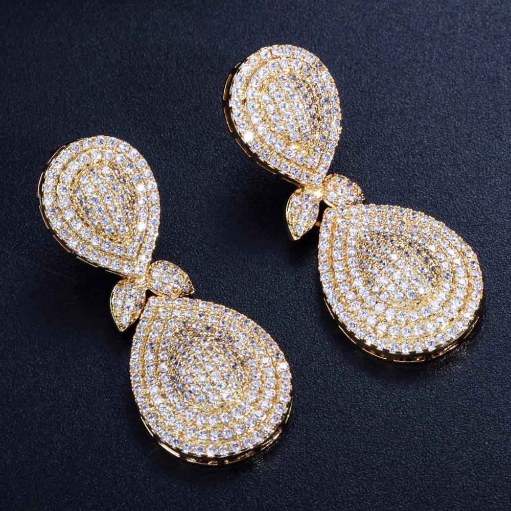 ThreeGraces Vintage Micro Pave Cubic Zirconia Dubai Gold Color Big Dangle Earrings for Women Fashion Wedding Party Jewelry ER148