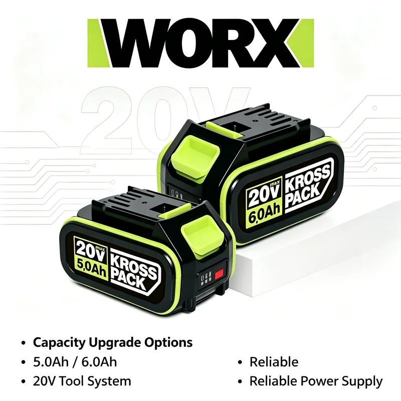 Genuine WORX 20V 5.0/6.0Ah Battery Fit WA3406 WA3570,High Capacity Lithium Battery for Cordless Grinder Polisher Home Renovation