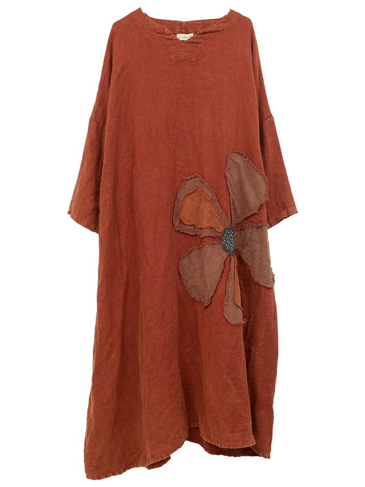 Women\'s Casual Loose Linen V-Neck Maxi Dress Long Sleeve Flowy Boho Dress Drop Shoulder Vintage Flax 2024 Spring Autumn Fash
