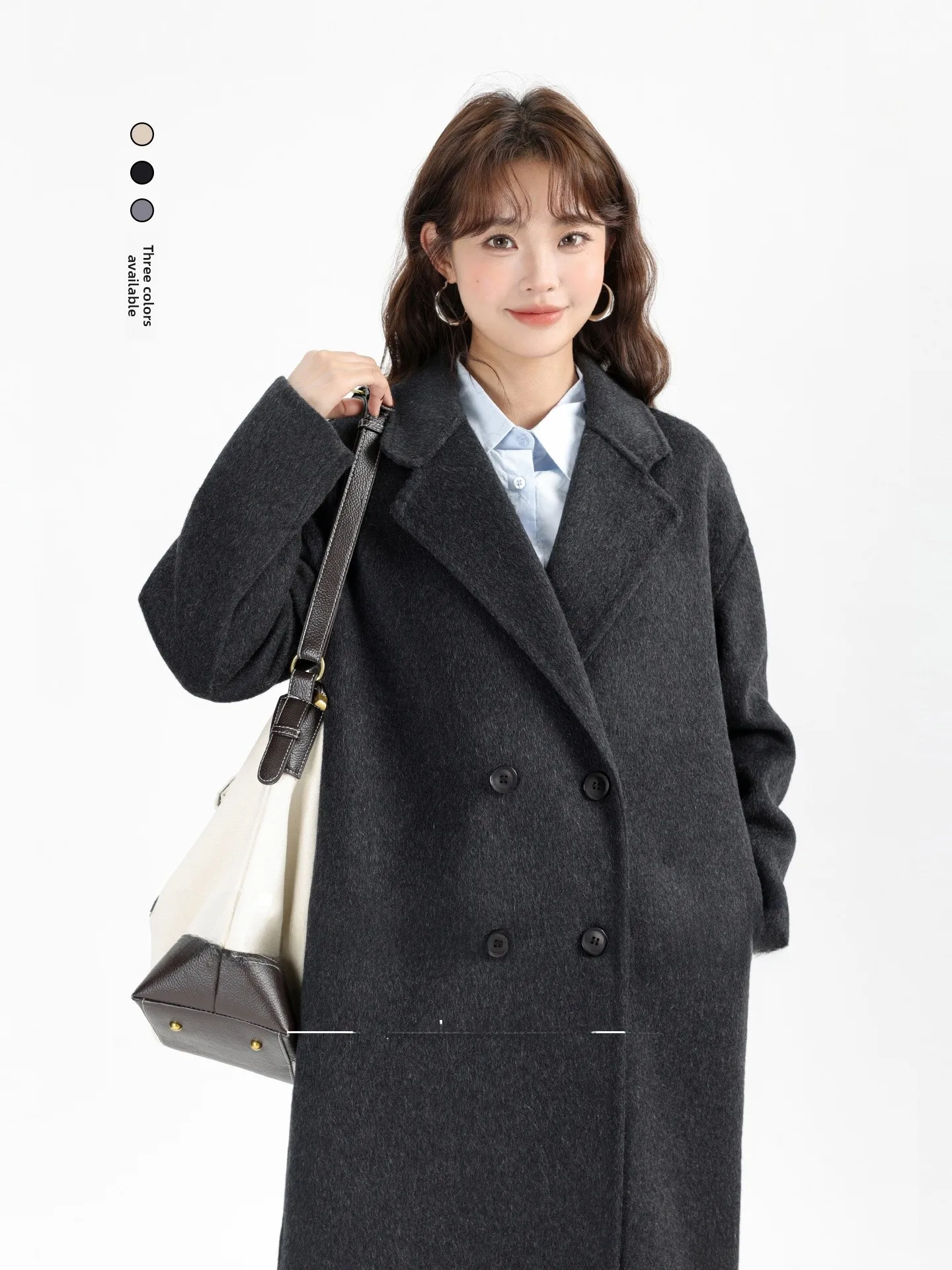 

Корейское пальто Hebe Sle для повседневной носки, двустороннее шерстяное пальто средней длины, свободного кроя, универсальная верхняя одежда для женщин