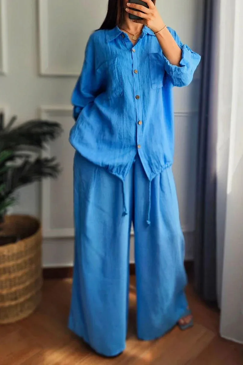 

Casual Cotton Linen Two Piece Set Loose Lapel Button Long Sleeve Solid Color Wide Leg Pants Set Fashion Commuting Women Clothing