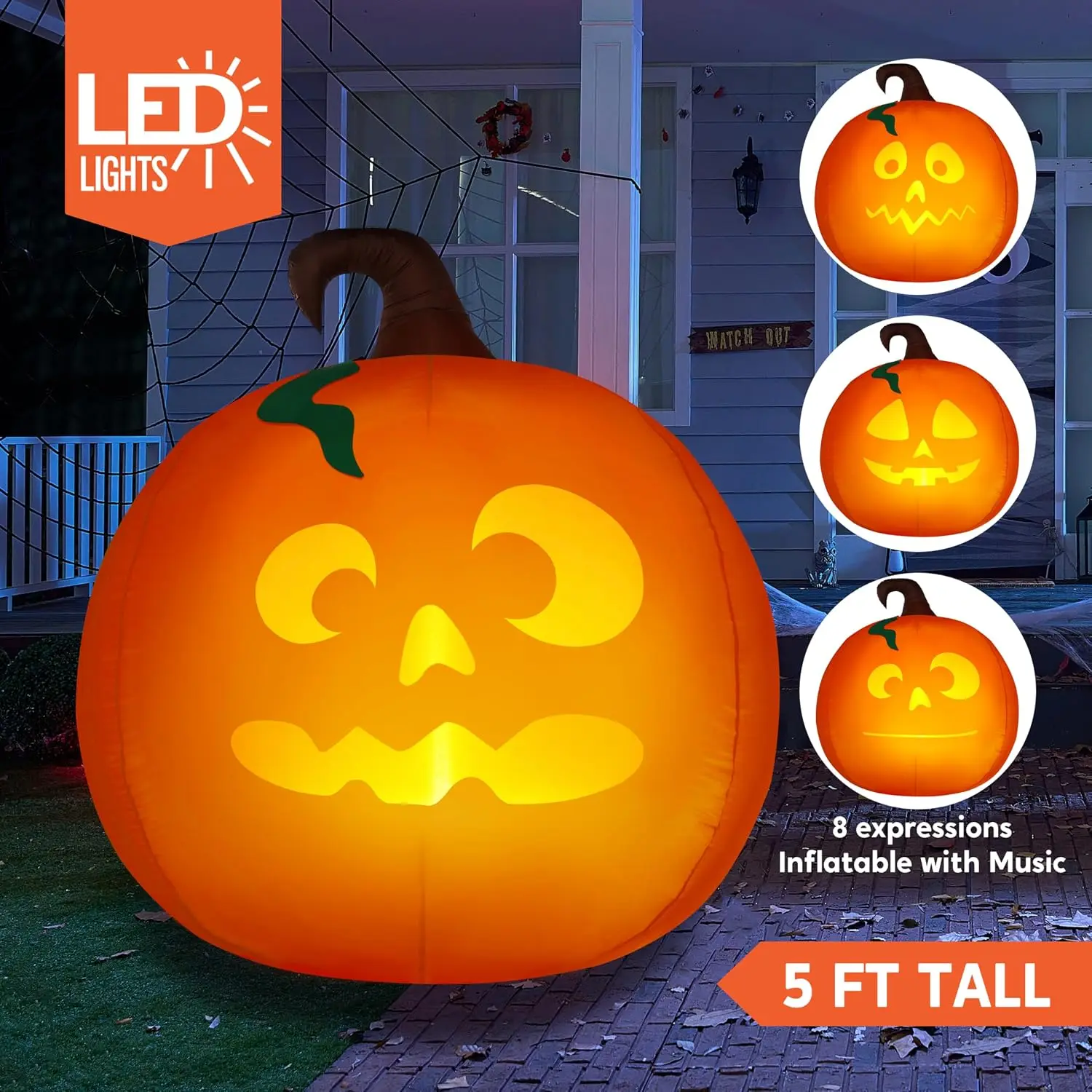 5 Ft Tall Halloween Inflatable Pumpkin Outdoor Decoration, Blow Up Pumpkin with Projector Face and Music, Blow Up Yard Decoratio