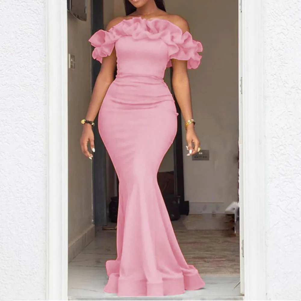 

Women 2024 Fashion Dress Off-The-Shoulder Ruffles Patchwork Slash Neck Mermaid Party Dinner Elegant Evening Pink Maxi Dress