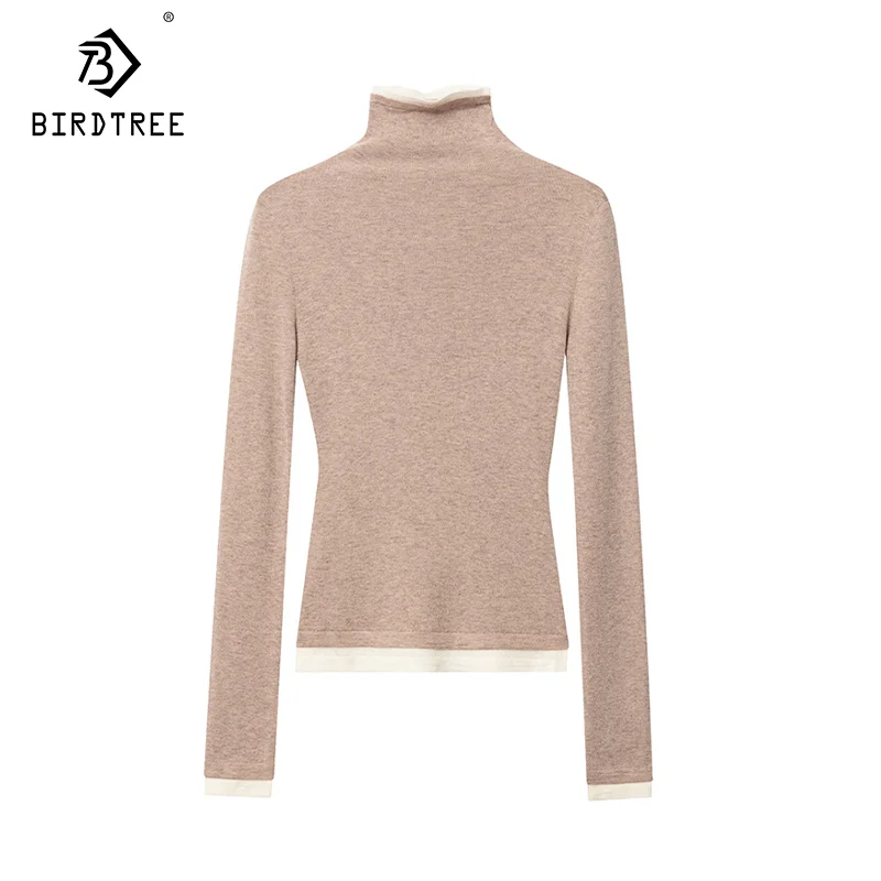 Birdtree, 32.4% Wool, Pullovers For Women, Turtleneck, Fake 2Pieces, Slim Fashion OL Sweaters, 2024 Autumn Winter Tops T49427QM