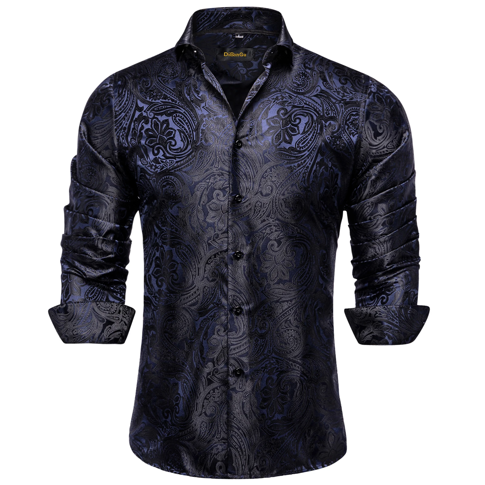 Luxury Blue Black Paisley Silk Shirts for Men Long Sleeve Wedding Party Prom Tuxedo Dress Shirt Casual Designer Clothing