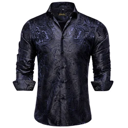 Luxo azul preto paisley camisas de seda para homens manga longa festa de casamento formatura smoking vestido camisa casual roupas designer