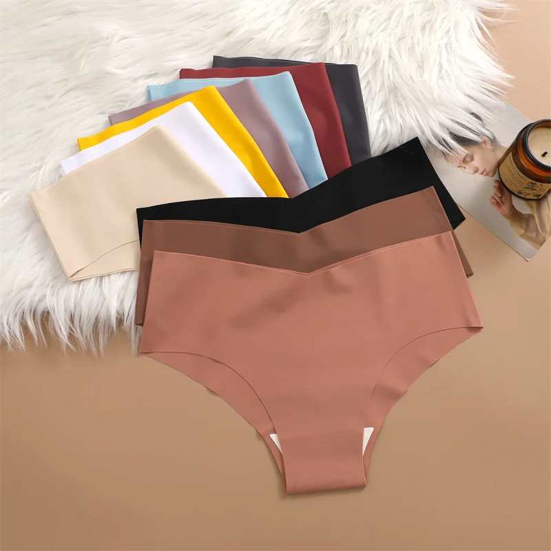 4PC Women Seamless Briefs Sexy V-Waist Underwear 10 Solid Colors Ice Silk No Trace Panties Female Breathable Intimates Lingerie