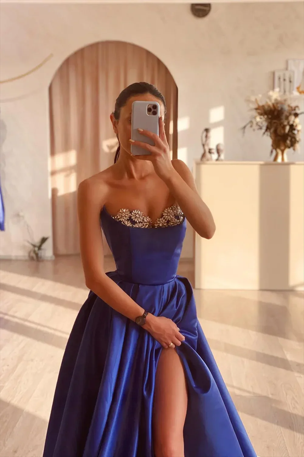 A-line Sexy Side High Split Party Dress Dark Blue Prom Dresses Off Shoulder Satin vestidos de fiesta Elegant Sleeveless Pron dr