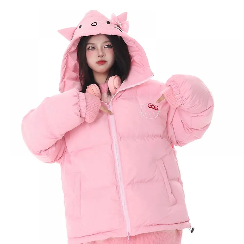 Y2K Hello Kitty Women Down Jacket Anime Sanrio Kawaii Winter Thickened Cotton Clothes Cute Coat Student Tops Loose Sports Sweet