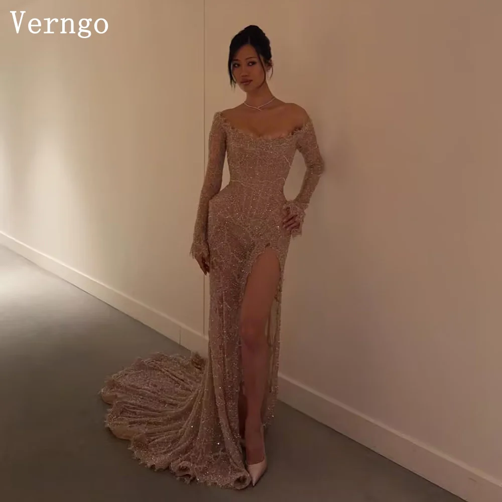 

Verngo Luxury Lace Sequined Evening Dress Strapless Mermaid Sexy Side Slit Prom Dresses Illusion Evening Dress Customized