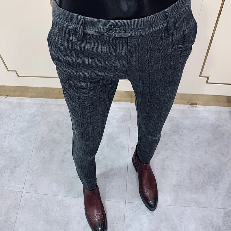 

2022 Autumn Winter New Woolen Suit Pants High Quality Striped Slim Fit Dress Pants Men's Formal Business Office Social Trousers