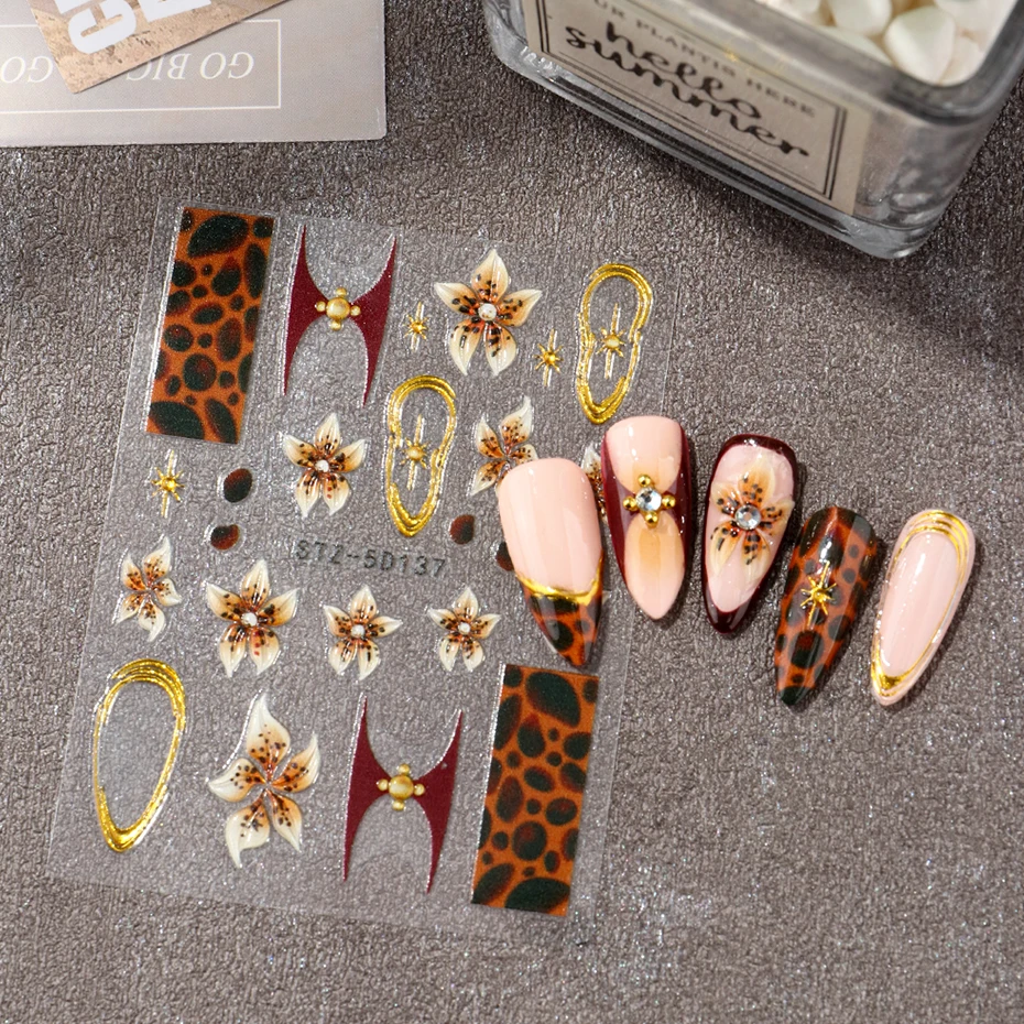 2 uds 5D en relieve Hada marrón flor de orquídeas pegatinas de uñas líneas bronceadoras doradas estrellas deslizadores adhesivos para uñas DIY dijes Deco