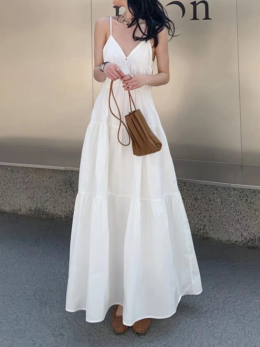 Summer Dresses Women Suspender Solid Korean Style Chic High Street Holiday Beach Hotsweet Simple Versatile Prevalent Cozy Maxi image 2
