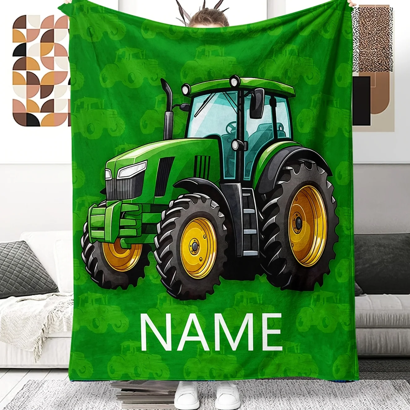 Customizable Tractor Blanket - Soft Flannel, Green with Yellow Wheels & 