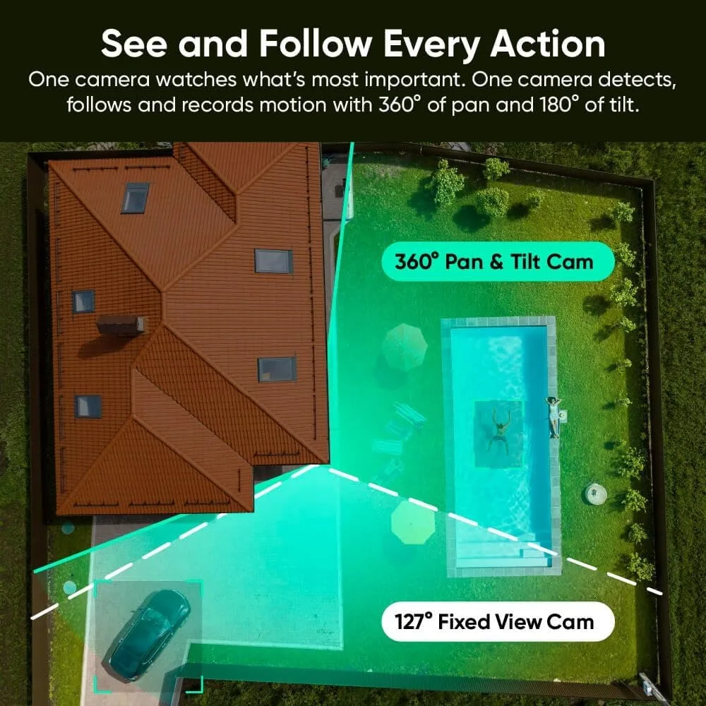 Duo Cam Pan داخلي/خارجي IP65 2K 360 °   كاميرا مراقبة للمنزل الذكي مع رؤية ليلية ملونة، متوافقة مع Alexa