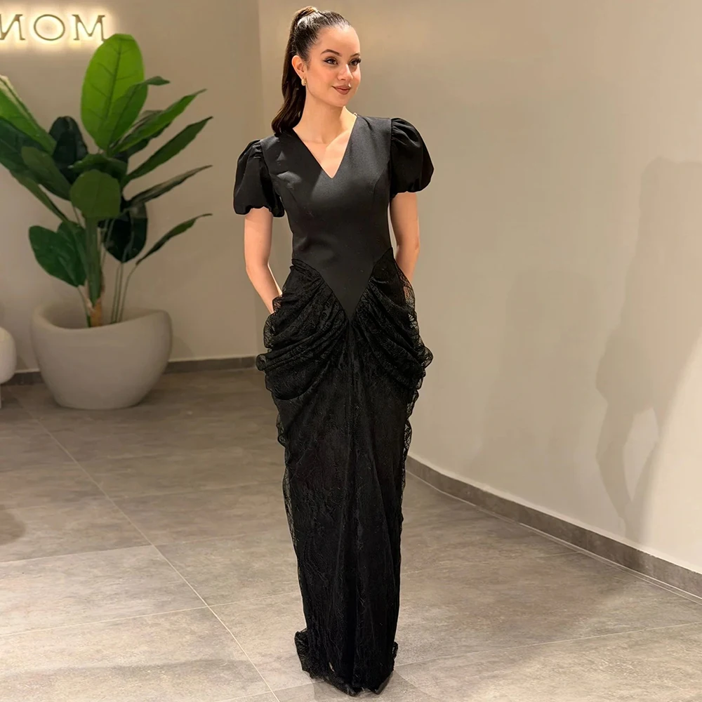 

Modern Black V-Neck Lace Straight Maxi Evening Dress with Short Puff Sleeves for Pageant Party Customized Formal Prom Gowns