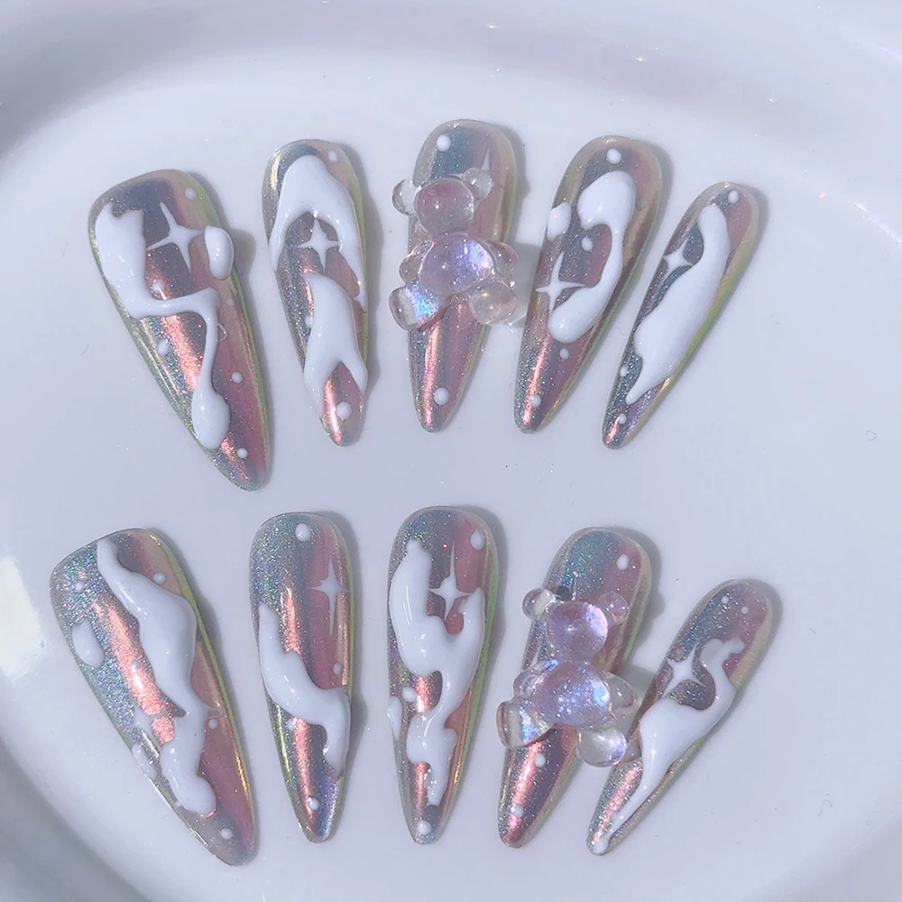 Y2k stiletto artesanal francês destacável unhas transparente urso arco diamante coroa pérola glitter pó reutilizável imprensa em unhas