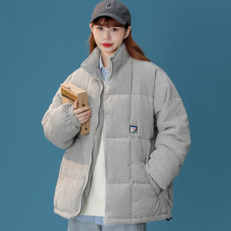 2022 winter new corduroy parka women's Korean style loose cotton coat women's plus size elegant stand collar Harajuku jacketcoat